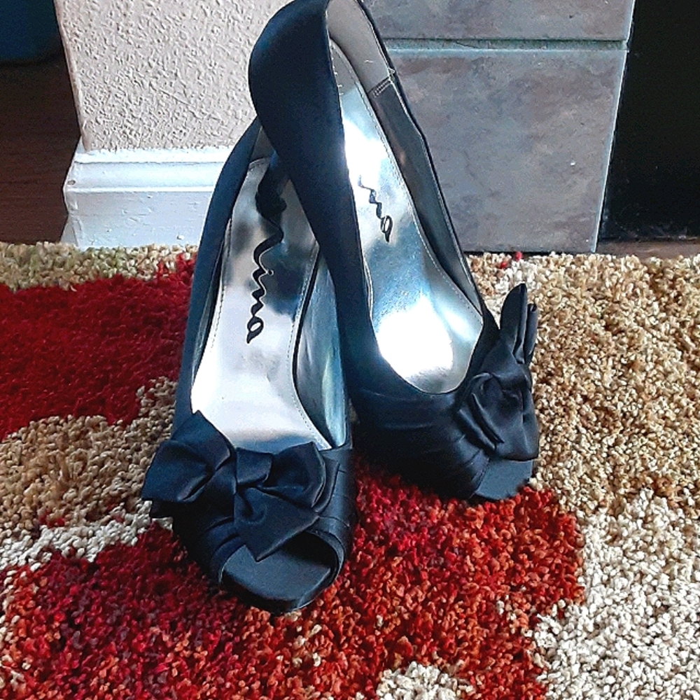 NINA Black Satin Bow tie Peeptoes